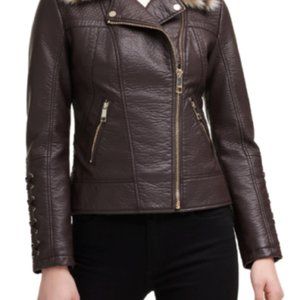 NWT GUESS Faux Leather & Faux Fur Collar Asymmetrical Moto Jacket Medium